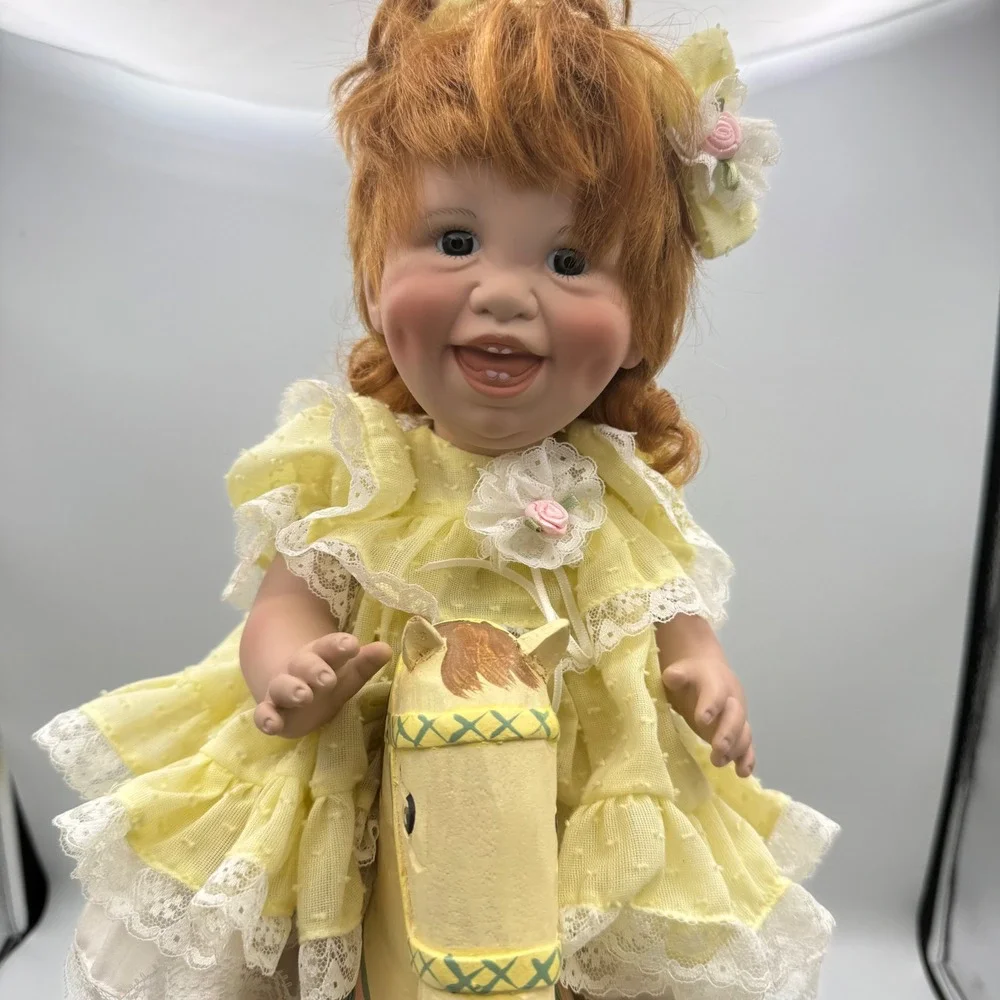 Lee Middleton Missy Buttercup Porcelain Doll Red Hair Yellow Dress Rocking Horse